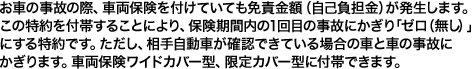 お車の事故の際、車両保険を付けていても免責金額(自己負担金)が発生します。この特約を付帯することにより、保険期間内の1回目の事故にかぎり「ゼロ(無し)」にする特約です。ただし、相手自動車が確認できている場合の車と車の事故にかぎります。車両保険ワイドカバー型、限定カバー型に付帯できます。