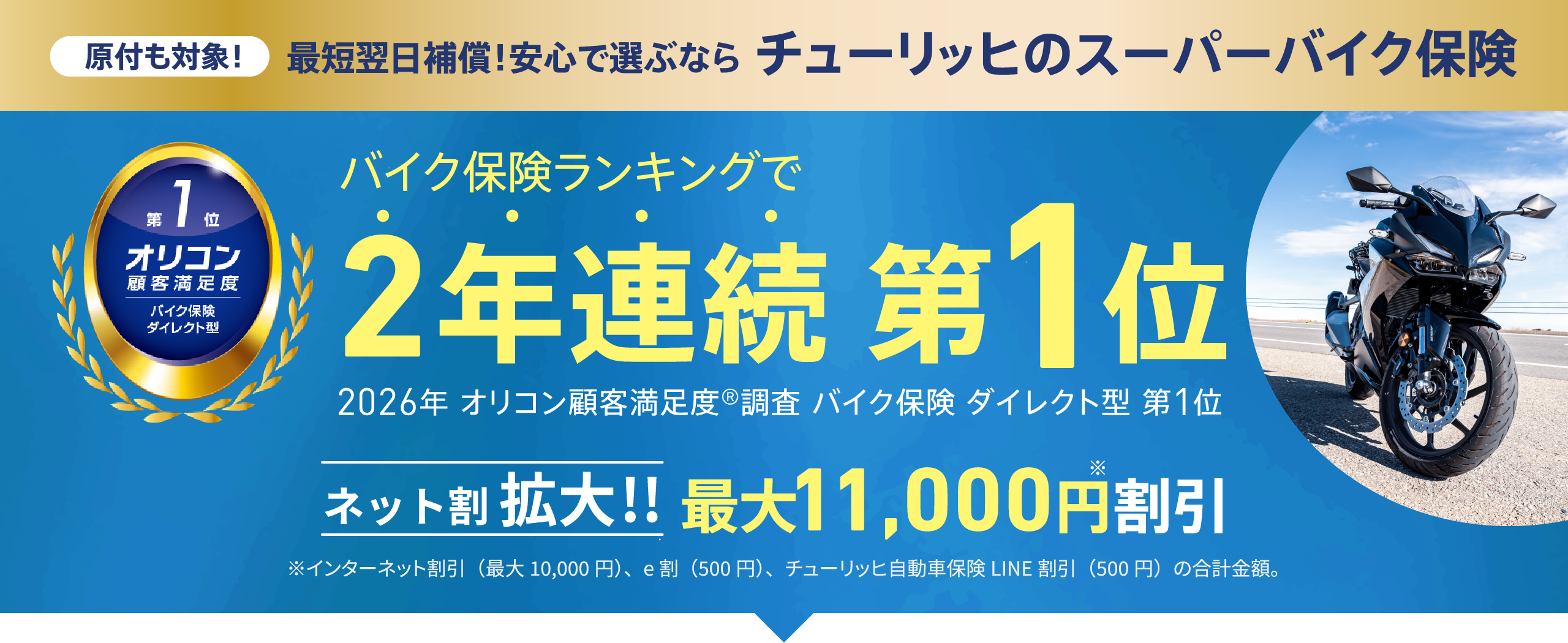 最短翌日補償！安心で選ぶならチューリッヒのスーパーバイク保険 バイク保険ランキングで2年連続 第1位