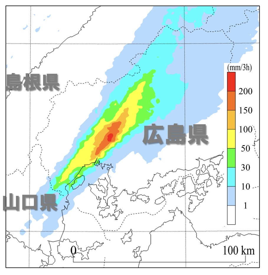 2014年8月20日に広島で発生した線状降水帯における、3時間の積算降水量分布