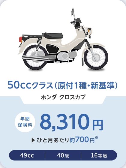 50ccクラス（原付1種・新基準） ホンダ クロスカブ 年間保険料 8,310円 ひと月あたり約700円※ 49cc 40歳 16等級