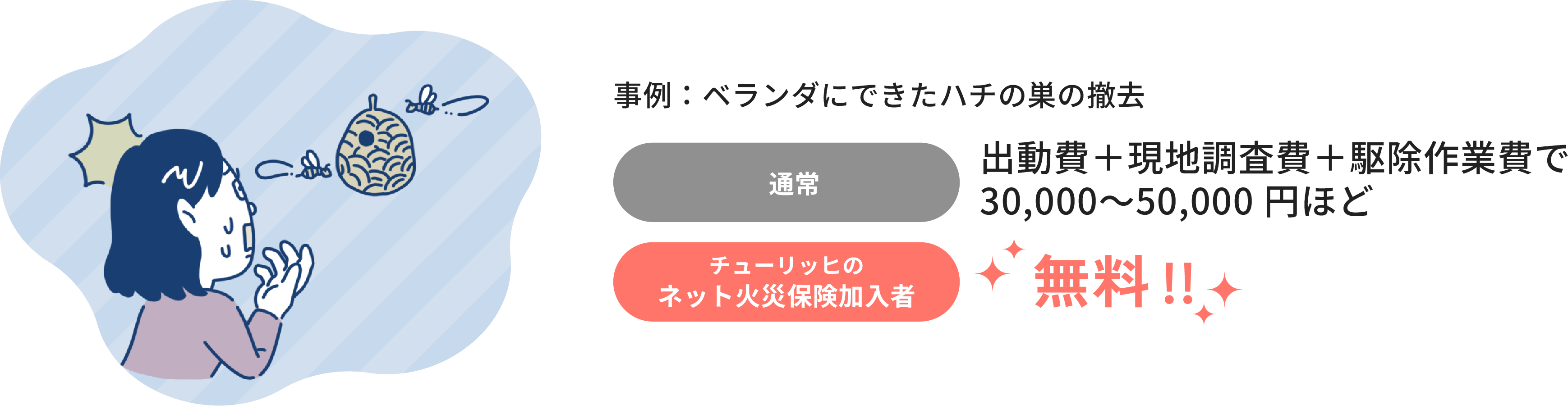 事例：ベランダにできたハチの巣の撤去　通常：出動費＋現地調査費＋駆除作業費で30,000～50,000円ほど チューリッヒのネット火災保険加入者：無料！！