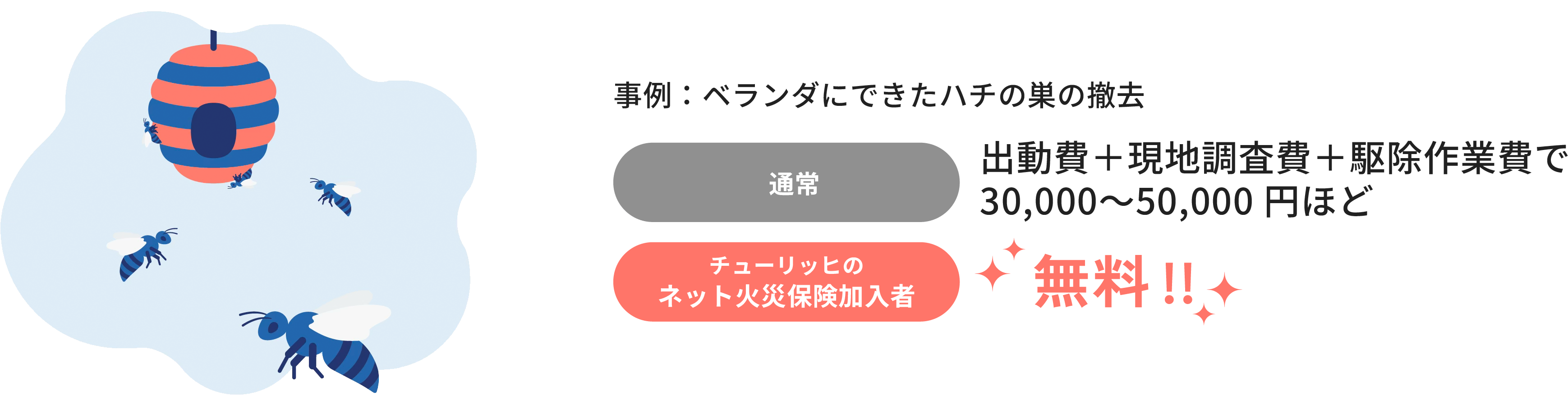事例：ベランダにできたハチの巣の撤去　通常：出動費＋現地調査費＋駆除作業費で30,000～50,000円ほど チューリッヒのネット火災保険加入者：無料！！