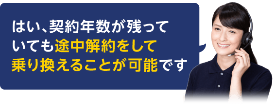 はい、契約年数が残っていても途中解約をして乗り換えることが可能です