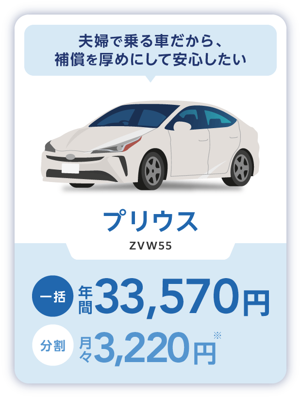 夫婦で乗る車だから、補償を厚めにして安心したい プリウス ZVW55 一括年間33,570円 分割月々3,220円※