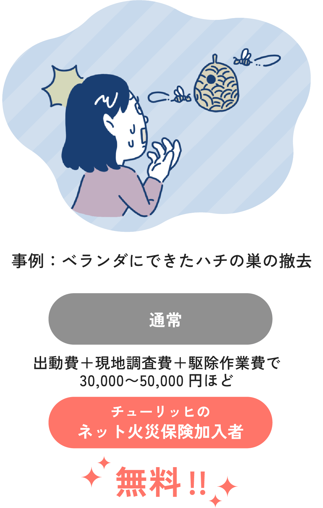 事例：ベランダにできたハチの巣の撤去　通常：出動費＋現地調査費＋駆除作業費で30,000～50,000円ほど チューリッヒのネット火災保険加入者：無料！！