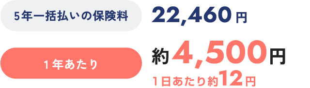5年一括払いの保険料:22,460円, 1年あたり:約4,500円, 1日あたり約12円