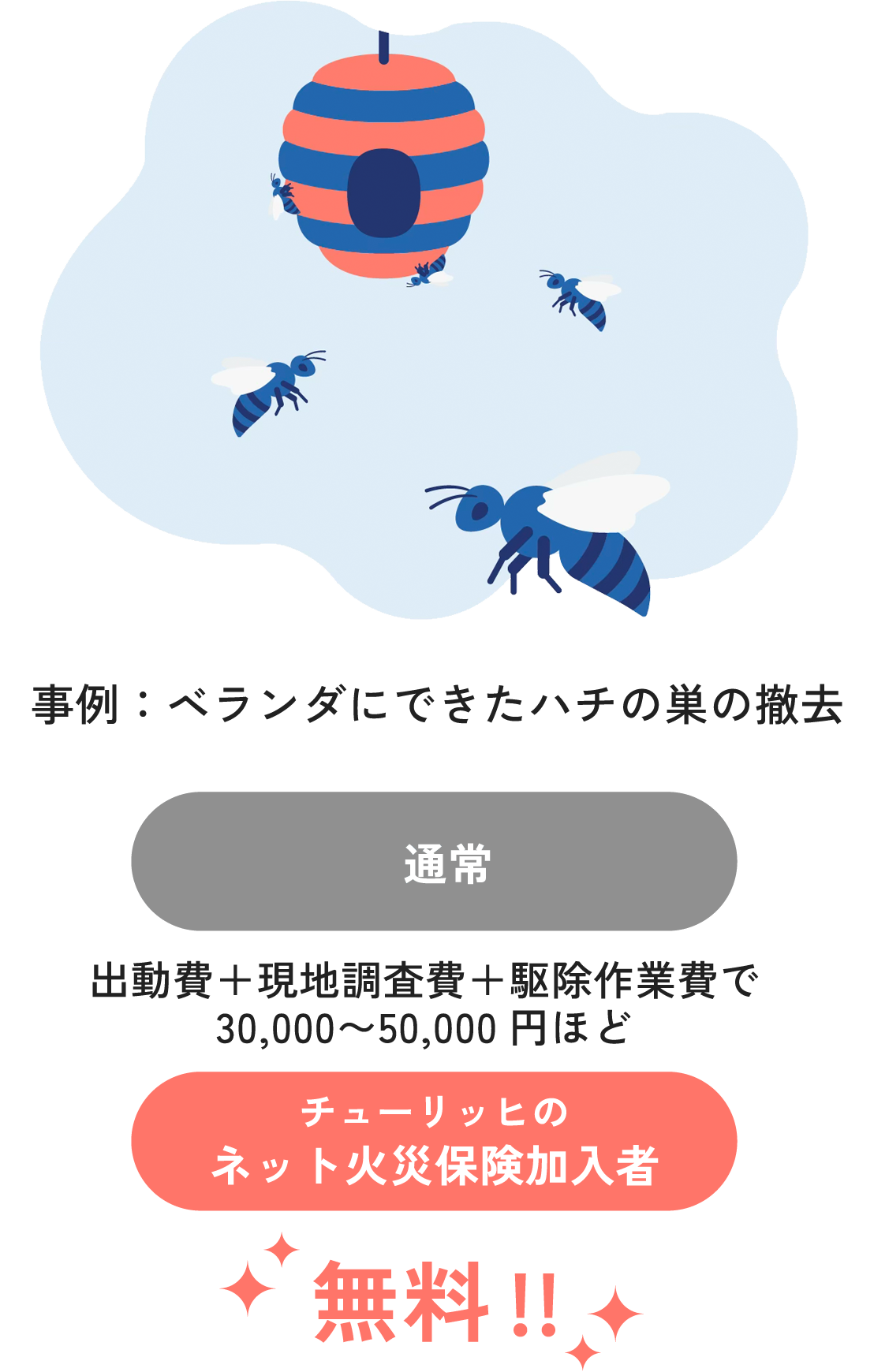事例：ベランダにできたハチの巣の撤去　通常：出動費＋現地調査費＋駆除作業費で30,000～50,000円ほど チューリッヒのネット火災保険加入者：無料！！